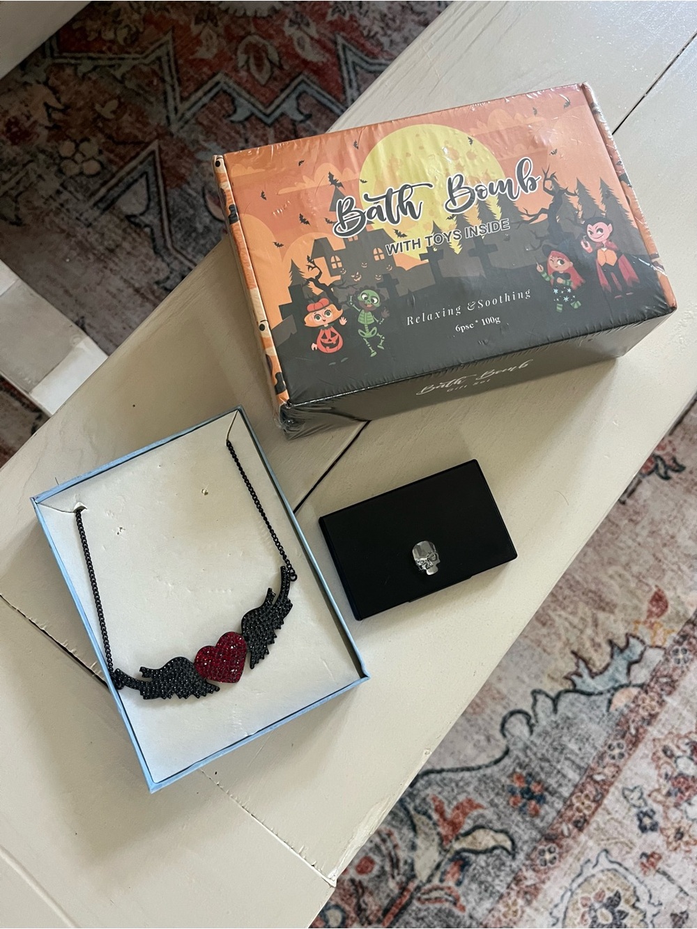 HALLOWEEN BUNDLE! Gothic Black Winged Heart Necklace,  bath bomb set, card case